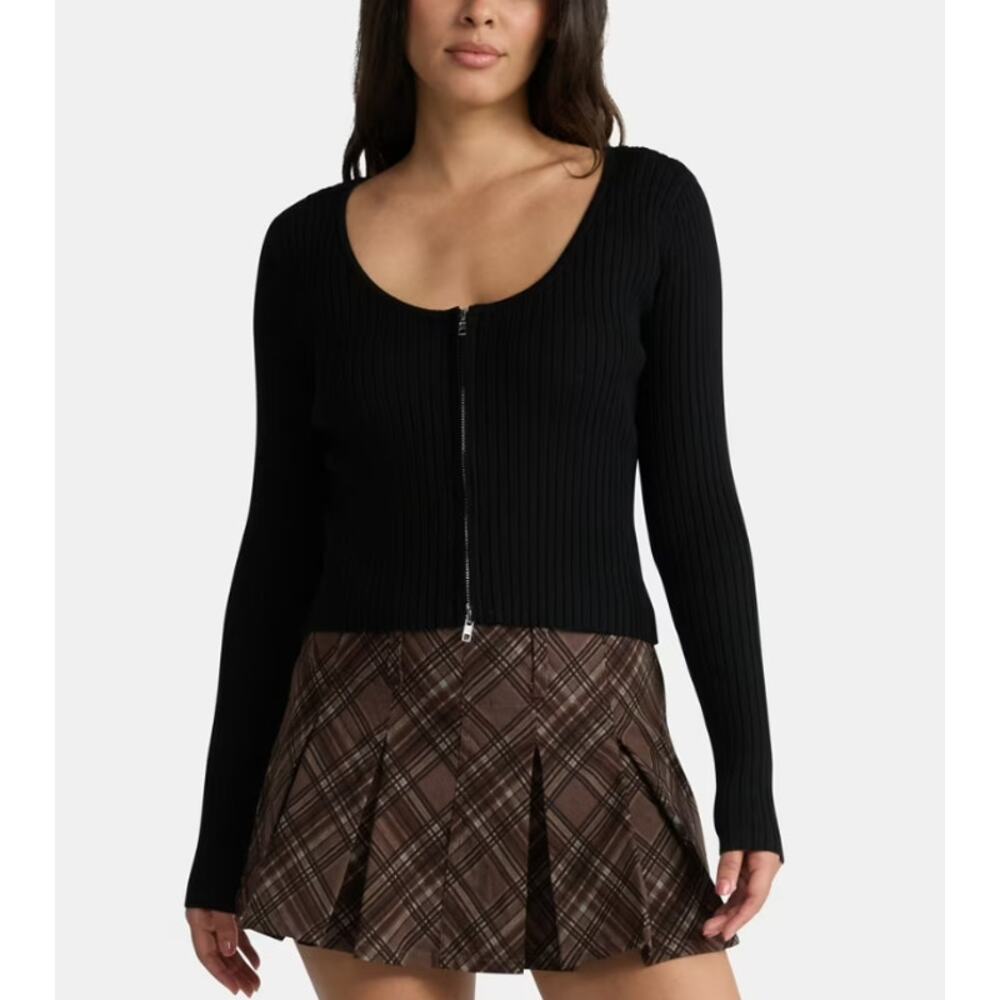MADDEN NYC Long Sleeve Zip Top Scoop Neck Cropped Rib Knit Black Womens XXL NWT